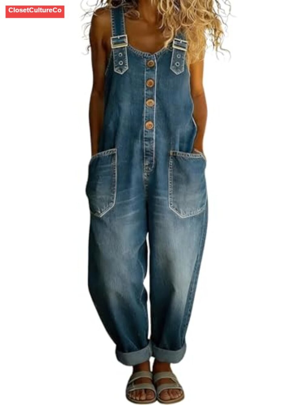 Denim Bib Overalls Wide Leg Button Front Sleeveless Pocket Casual Work